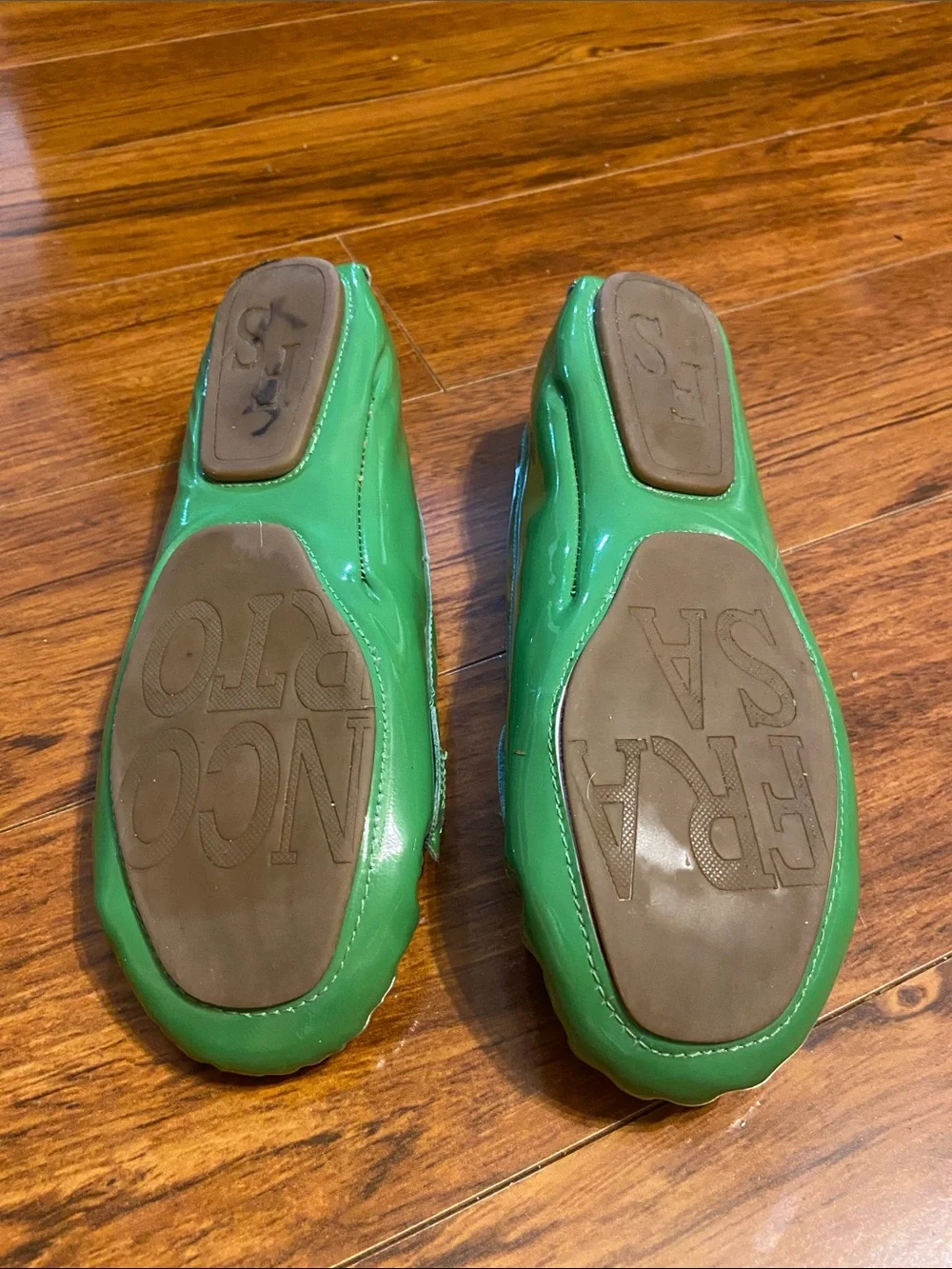 Franco Sarto Green Patent Leather Loafers with Gold Hardware
